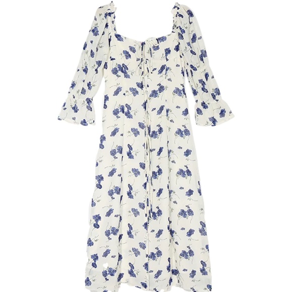 Bohemian Off White Blue Floral lace up Midi Dress Gypsy - Picture 7 of 11